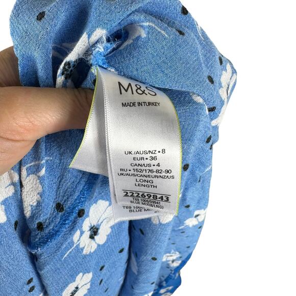 M&S COLLECTION Blue White Floral V-Neck Button Midi Dress Size US 4 Boho‎ Preppy - Picture 7 of 9